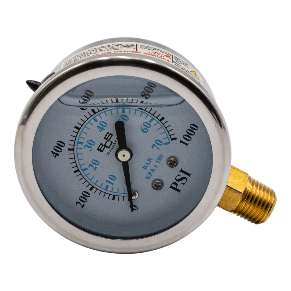 Stainless Steel Pressure Gauge 0-1000 PSI 1/4" MPT