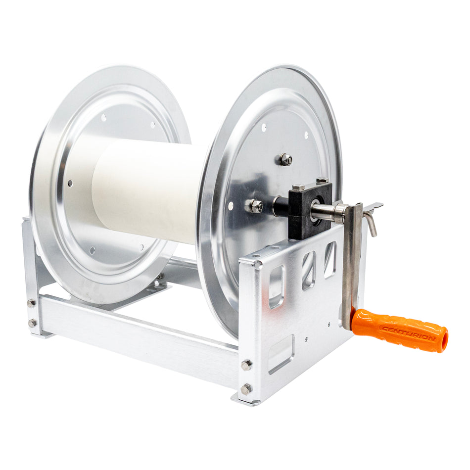 Centurion Aluminum 200' 1/2" Softwash hose reel, with the Centurion Swivel, 5,000 PSI, 320°F, 3/8" and 1/2" Adaptors Included