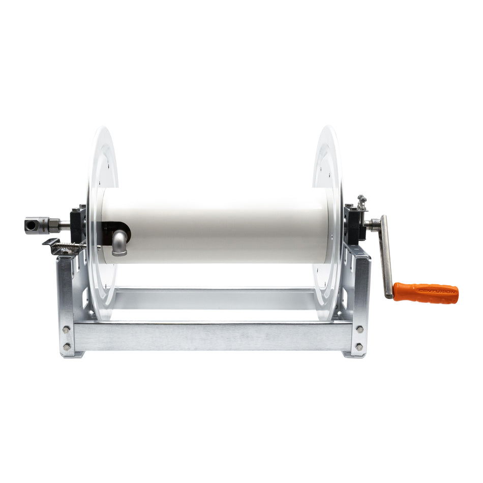 Centurion Aluminum 300' 1/2" Softwash hose reel, with the Centurion Swivel, 5,000 PSI, 320°F, 3/8" and 1/2" Adaptors Included
