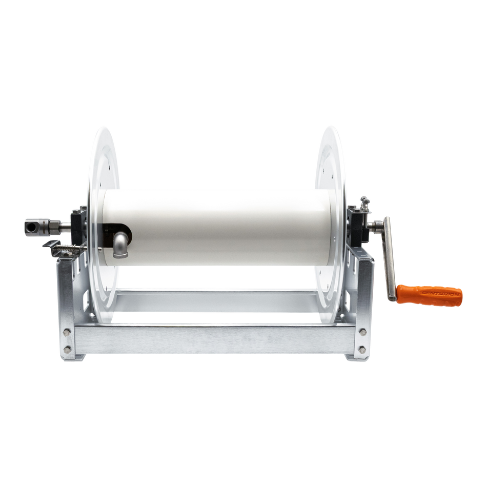 Centurion Aluminum 300' 1/2" Softwash hose reel, with the Centurion Swivel, 5,000 PSI, 320°F, 3/8" and 1/2" Adaptors Included